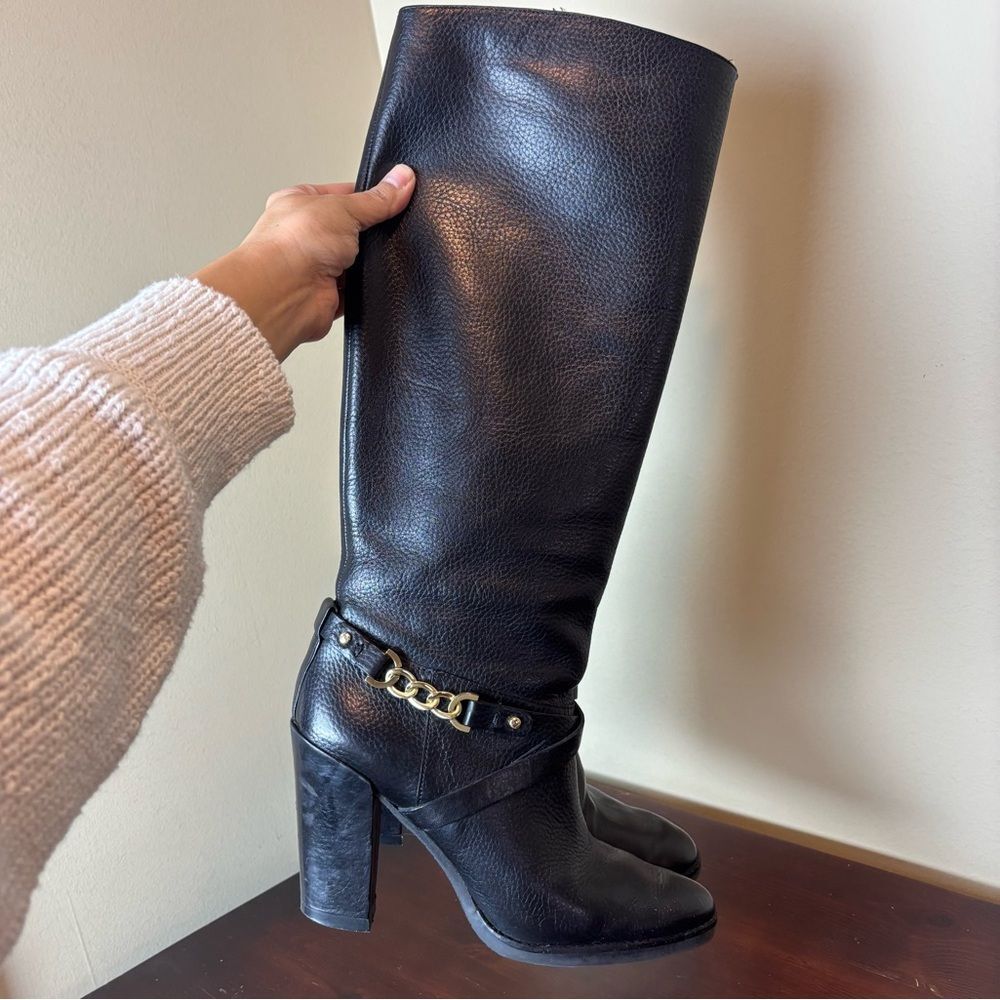 Kate Spade Montreal Black Leather Chain Link Tall 4" Heeled Boots Size 10 - Picture 8 of 15